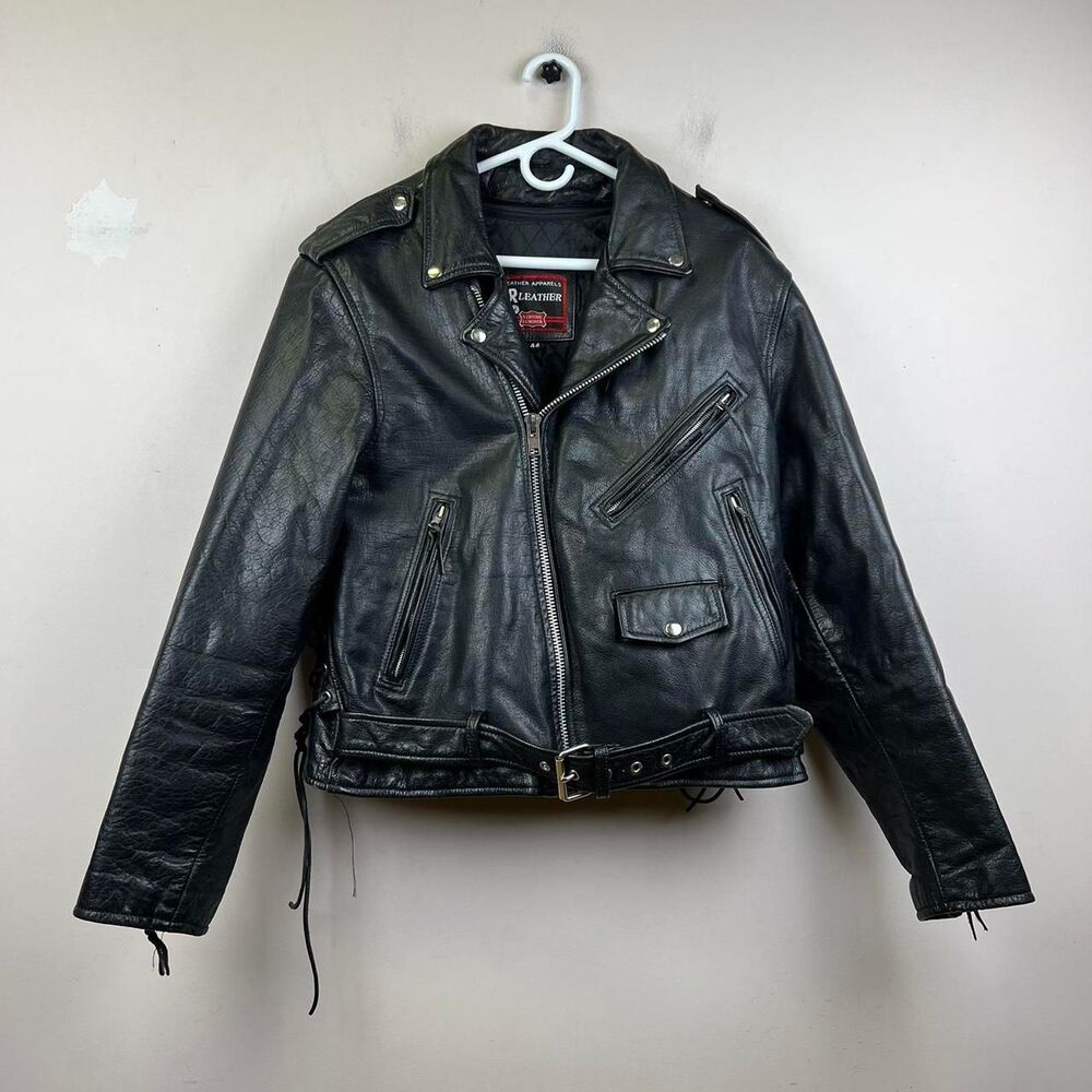Vintage JR Genuine Leather Biker Jacket Zippered Pockets and Studded Size 44 (L)